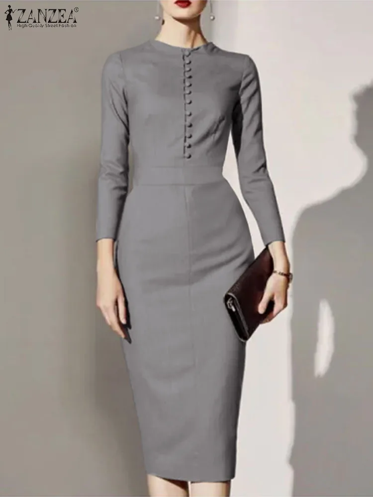 Женское весеннее офисное платье ZANZEA, стильные платья-карандаш с длинным рукавом, однотонные облегающие платья, женское платье, женское платье оверсайз 
Женское весеннее офисное платье ZANZEA, стильные платья-карандаш с длинным рукавом, однотонные облегающие платья, женское платье, женское платье оверсайз