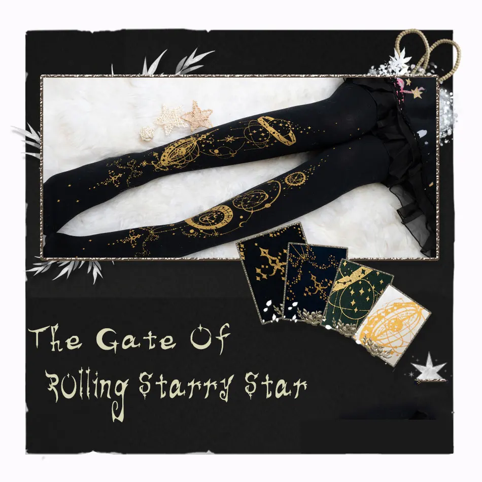 

Steampunk Lolita Tights Gothic Black and Gold Pantyhose ~ The Gate of Rolling Star