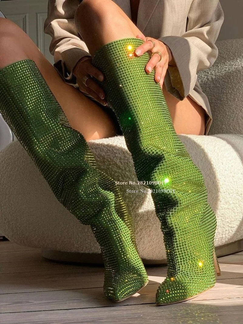 

Slouchy Green Diamante Crystal Knee Length High Heel Boot Women Stiletto Heeled Glittering Rhinestone Pointed Toes Long Bota