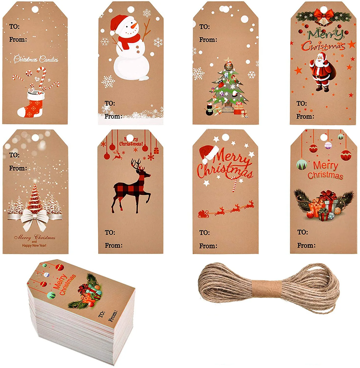 

100 шт. рождественские самодельные бирки из крафт-бумаги, этикетки, оберточная бумага для подарков, подвесная бирка, бумажные открытки с Санта-Клаусом, предметы декора для Рождества