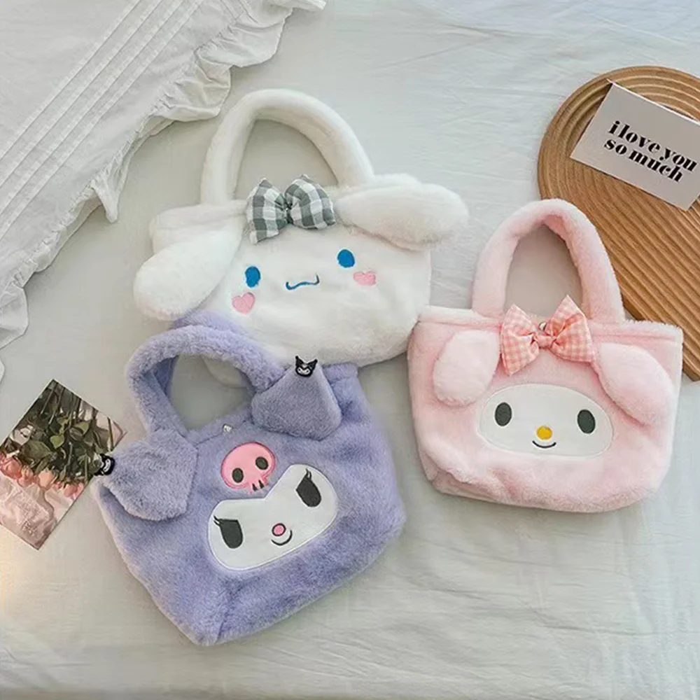 

Sanrio Plush Bag Kawaii My Melody Kuromi Cartoon Animal Handbag Cute Cinnamoroll Storage Tote Bags Women Girls Birthday