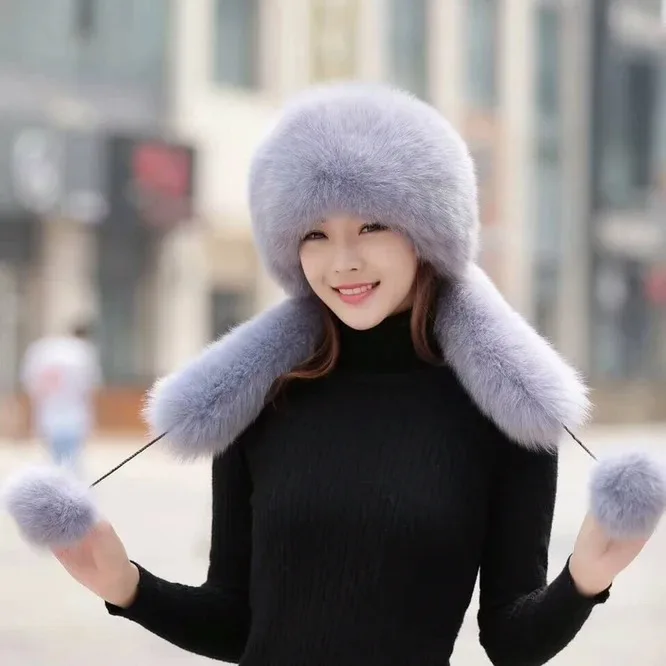 

Imitation Fur Hat Snow Hat Autumn Winter Imitation Fox Fur Hat Scarf One Body Warmth Women's New Versatile Girl Outdoor White