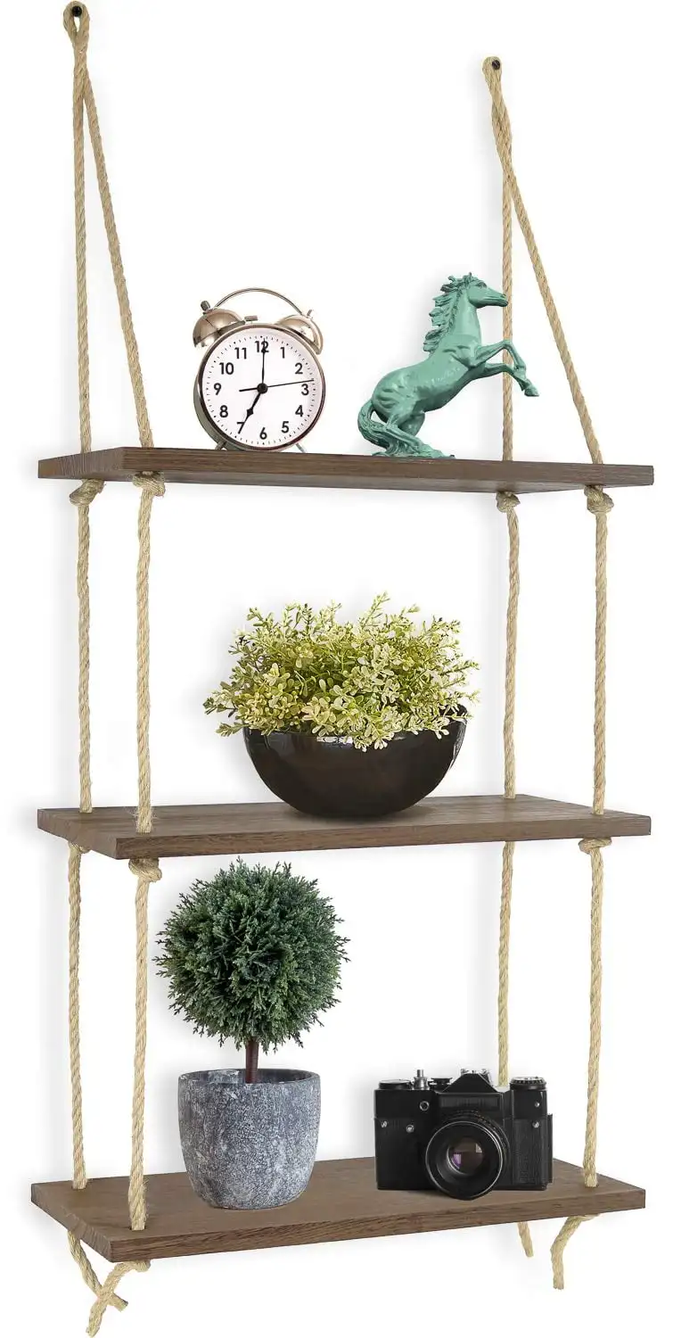 

Greenco Decorative Rustic Jute Rope Wall Hanging Floating Shelves for Wall, Distressed Wood, 3 Tier Shelf for Wall