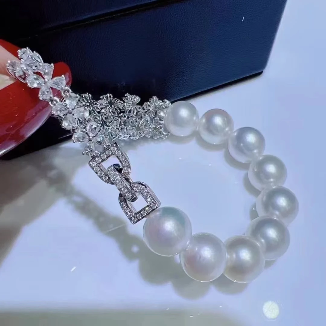 

MeiBaPJ DIY Real 925 Silver 10mm Natural Round Pearl Fashion Bracelet for Women Charm Fine Wedding Jewelry Empty Tray