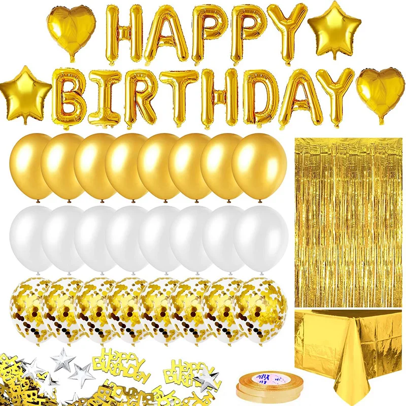 

Gold Birthday Party Decoration, Happy Birthday Banner, Golden Fringe Curtain, Foil Tablecloth, Heart Star Foil Confetti Balloons