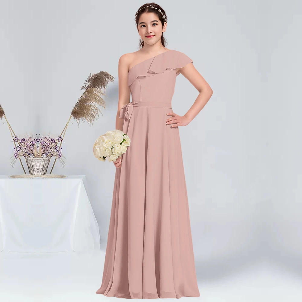 

A-line One Shoulder Floor-Length Chiffon Junior Bridesmaid Dress With Cascading Ruffles Summer Champagne Flower Girl Dress​