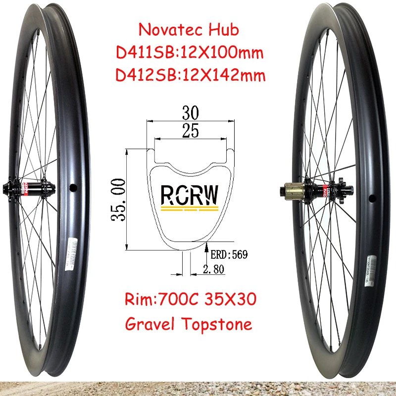 

700C Gravel Road 35x30mm Wheelset Carbon Rim 24Hole Asymmetric Tubeless 30 Wide 35 Deep Novatec D411SB D412SB 6 Bolts Shima Hub