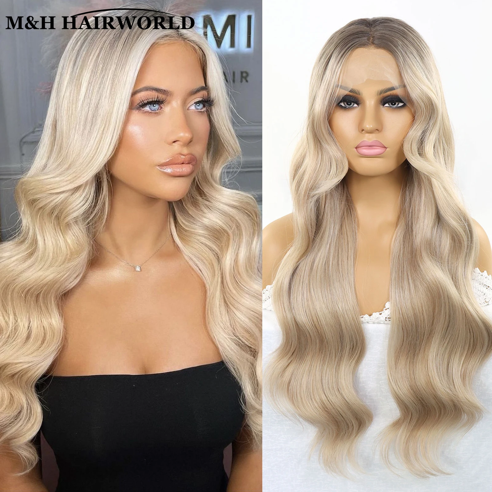 

Ash Blonde Highlights Colored Synthetic Hair Lace Front Wigs For Women Dark Roots Long Curly Wavy Wig Glueless Lace Frontal Wigs