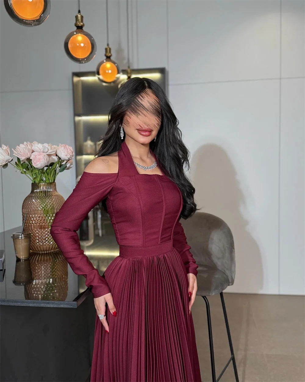Sansa Customized Halter Neck Long Sleeve A-line Prom Dresses Floor-length Elegant Evening Dresses Simple Pleats Party Dresses 11 Se7766aeec79b4135972f9ec66d4de71dp