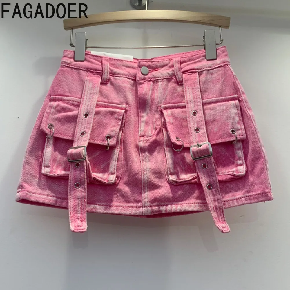 

FAGADOER Pink Fashion Y2K Pocket Cargo Mini Denim Skirts Women High Waisted Button A-line Skirt Summer New Female Cowboy Bottoms