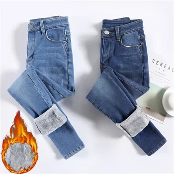 Jeans Blue Flared de Cintura Alta: Um Essencial Elegante e Confortável 9 Women Thermal Jeans Winter Snow Warm Plush Stretch Jeans Lady Skinny Thicken Fleece Denim Long Pants Retro Blue Pencil Trousers