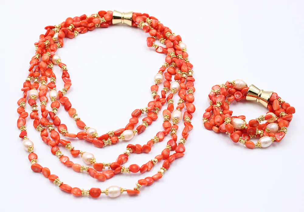 5 Rows Natural Pink Rice Pearl Orange Coral Freedom Necklace Bracelet Sets Handmade For Women
5 Rows Natural Pink Rice Pearl Orange Coral Freedom Necklace Bracelet Sets Handmade For Women