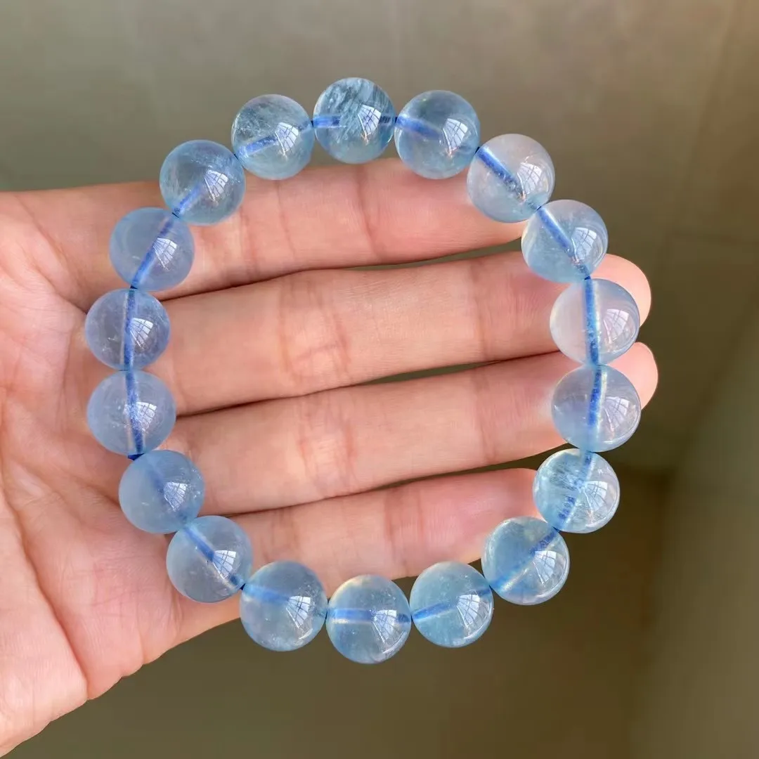 

11mm Natural Blue Aquamarine Crystal Bracelet Jewelry For Women Men Wealth Gift Stone Clear Gemstone Round Beads Strands AAAAA