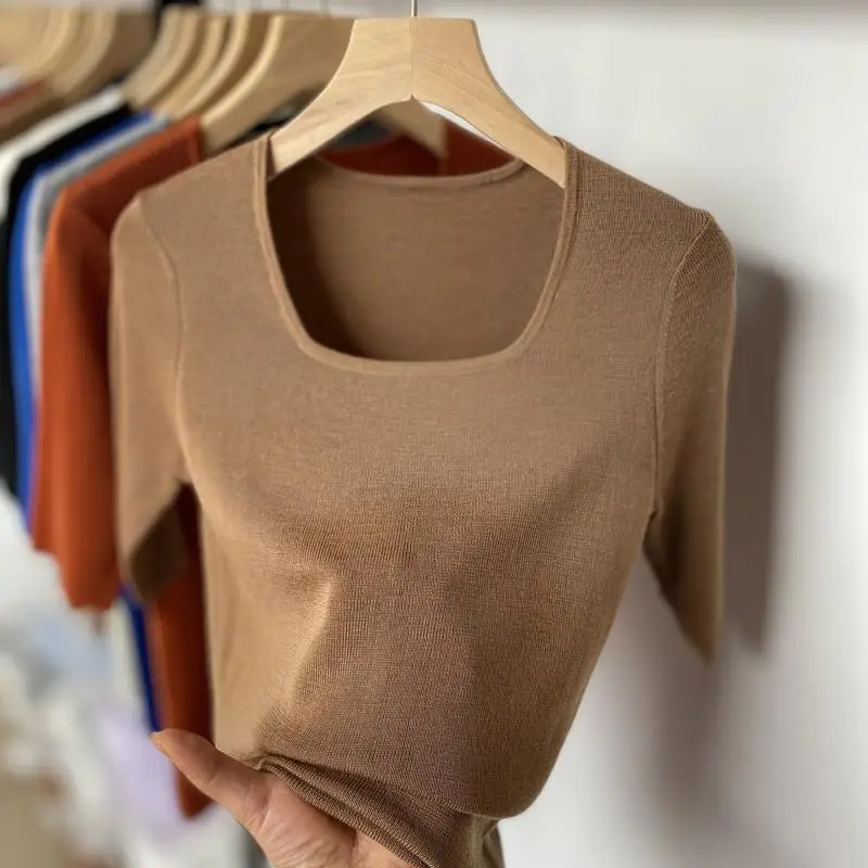 Fashion Slim Summer T-shirt Ice Silk Square Collar Knitted Bottom Shirt for Women Simple Comfort Blue Short Sleeve Top Women
Fashion Slim Summer T-shirt Ice Silk Square Collar Knitted Bottom Shirt for Women Simple Comfort Blue Short Sleeve Top Women