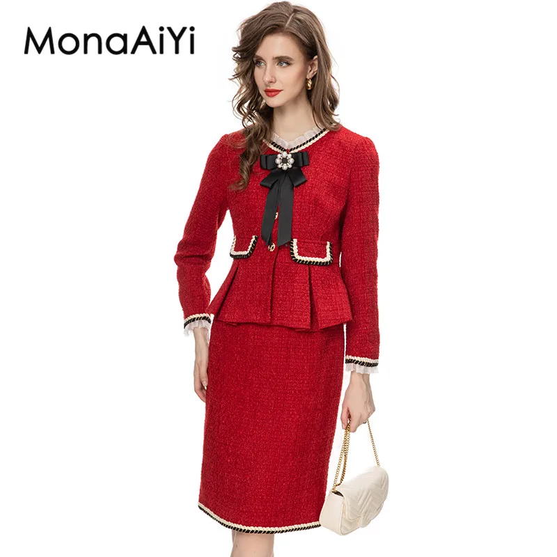 MonaAiYi 2023 New Fashion Designer Women's Round Collar Bow Beaded Ornament Front Pocket Red Tweed Jacket+Mid Skirt 2pcs Set
MonaAiYi 2023 New Fashion Designer Women's Round Collar Bow Beaded Ornament Front Pocket Red Tweed Jacket+Mid Skirt 2pcs Set