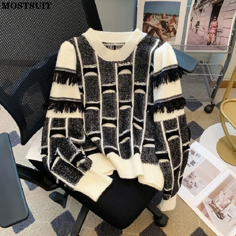 

Stylish Vintage Tassels Knit Sweater Pullover Women Autumn Winter Long Sleeve O-neck Tops Korean Fashion Chic Ladies Jumper 2023