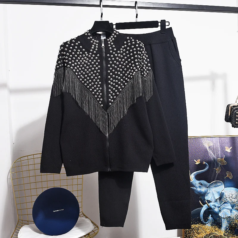 Black Red Purple Rivet Tassel Knitted Tracksuits Women Outfits 5 Color Zipper Cardigan Coat Long Pants 2pc Loose Knit Set Female
Black Red Purple Rivet Tassel Knitted Tracksuits Women Outfits 5 Color Zipper Cardigan Coat Long Pants 2pc Loose Knit Set Female