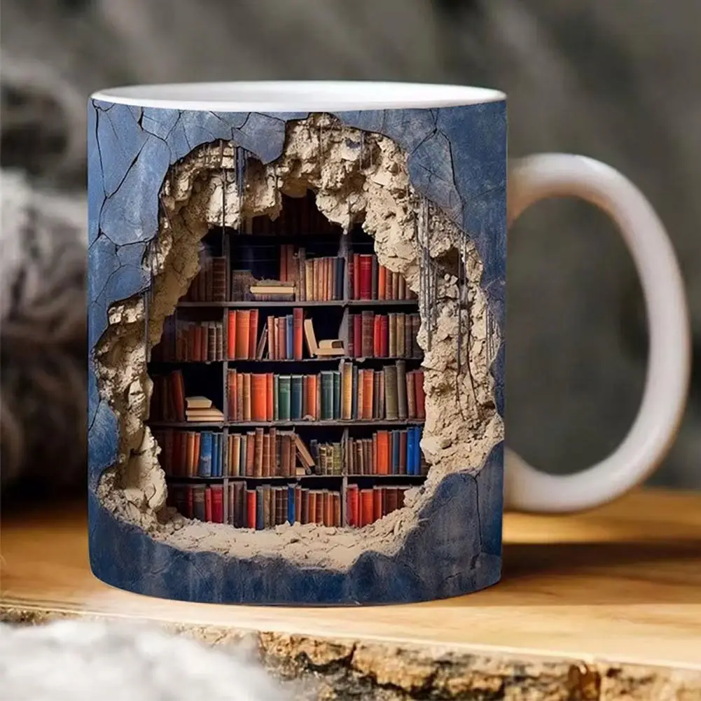 

3D Bookshelf Mug Creative Ceramic Water Cup with Handle A Library Shelf Space Design Book Lovers Coffee Mug Milk Cup Table Decor