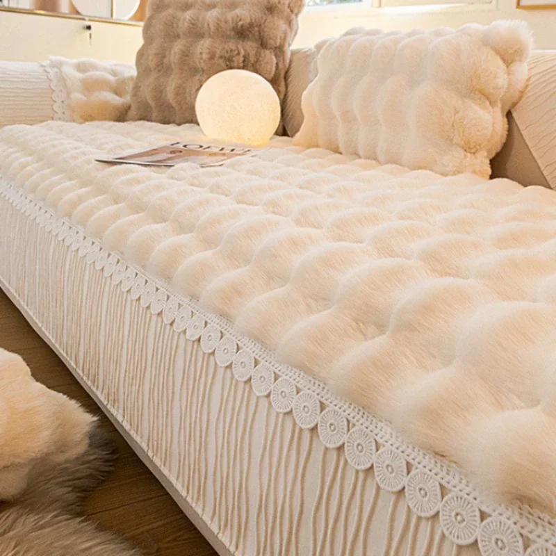 

Зимняя Толстая плюшевая диванная подушка с кружевными краями, однотонная теплая и Нескользящая подушка для дивана, чехол для подлокотника, тканевое полотенце