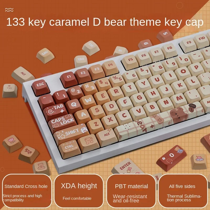 

Caramel Bear Cute Cartoon Bear Keycap 133 Keys XDA Height PBT Five-sided Sublimation Keycap Mechanical Keyboard Keycap