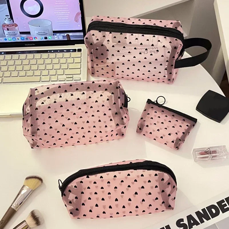 

Heart-Shaped Nylon Mesh Cosmetic Bag Portable Toiletry Organizer Makeup Bag Multifunctional Women Lipstick Key Coin Purse Pouch