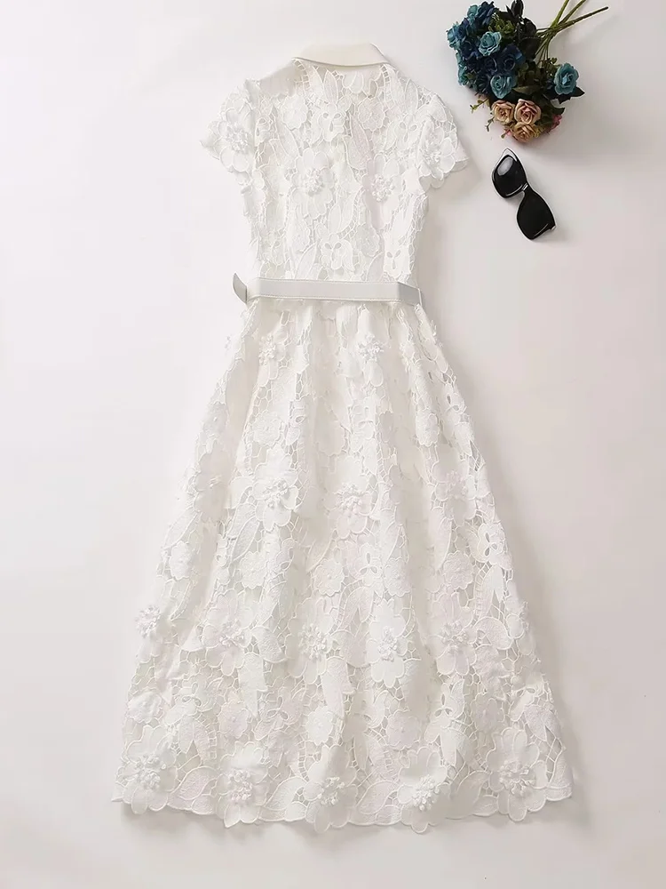 

Runway Hollow Embroidery White Lace Dress for Women 2023 Summer Party Holiday Vestidos Elegant Sinlge Breasted Midi Robes