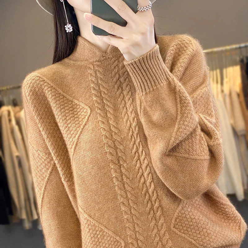 

Stylish China Style 100% Wool Turtleneck Sweater Women Top Autumn Winter Knit Oversized Solid Color Argyle Pullover Warm Jumper