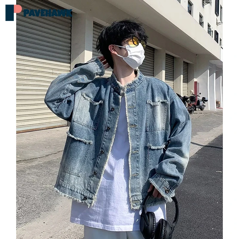 

High Street Washed Denim Jackets Men Loose Casual Solid Color Short Cowboy Coats Single Breasted Retro Varsity Outerwear Spring