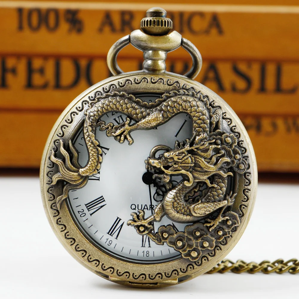 

Antique Chinese Dragon Vintage Pocket Watch Roman Digital Dial Necklace watch fobs and chains Old Fashion steampunk Watch