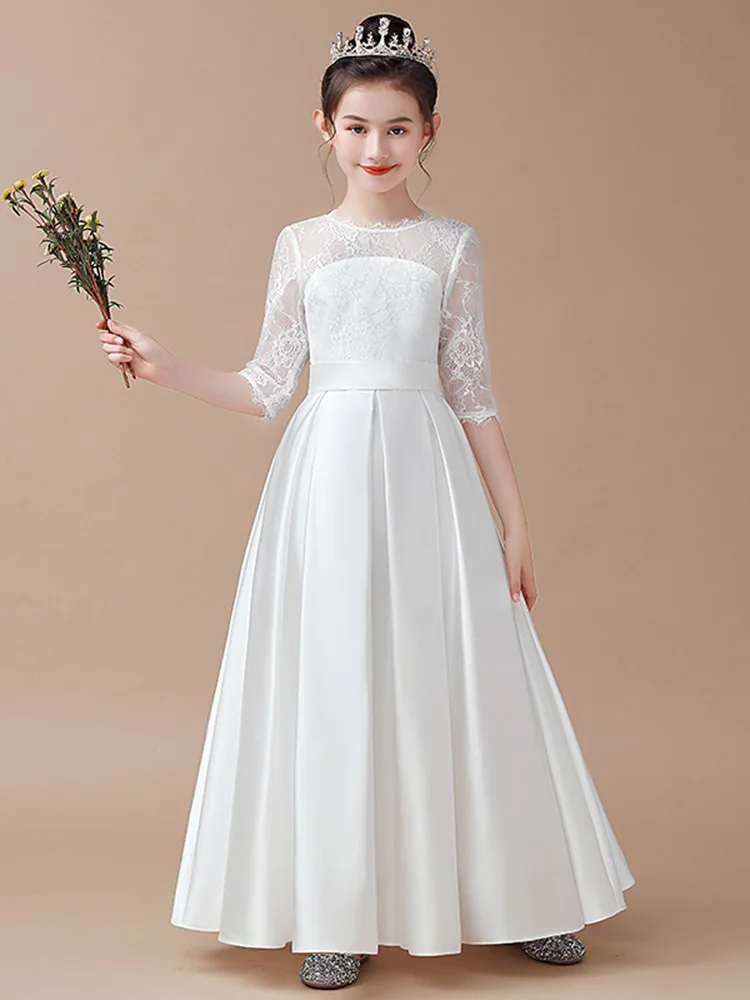 

A-line Scoop Asymmetrical Satin Junior Bridesmaid Dress With Cascading Ruffles Flower Girl Dress Party First Communion Gown