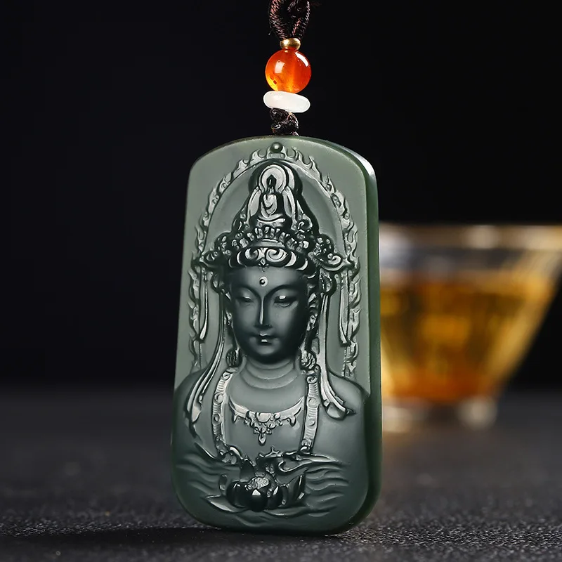 

Mai Chuang/ Natural Hetian Cyan Jade Hand-carved Guanyin Brand Necklace Pendant Fashionable men and Women Couple Peace Amulet