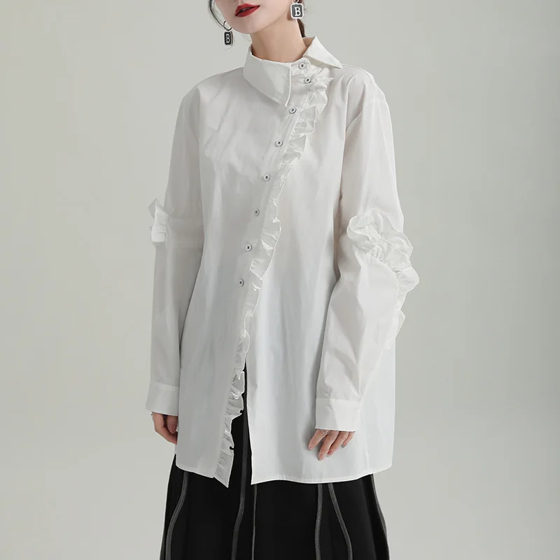 

2023 Spring and Autumn Fashion New Women's Ruffled Long-Sleeved Shirt Improved Chinese Asymmetric Collar Medium-Length Blouse