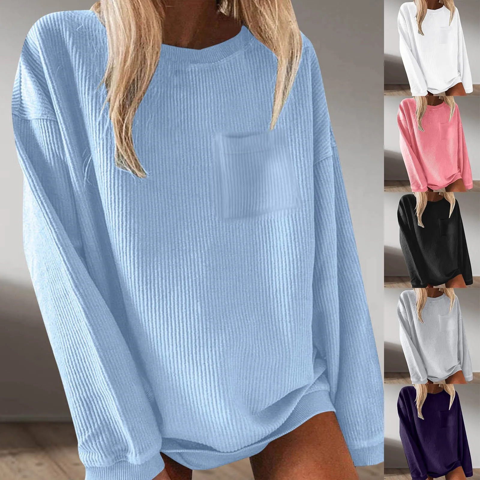 

2023 Autumn O-Neck Ribbed Blouse Loose Crewneck Women Elegant Long Sleeve Casual Office Lady Loose Vintage Tops Streetwear Blusa