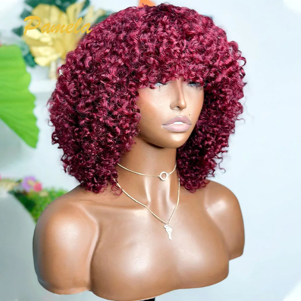 

250% Density Short Curly Pixie Cut Bob 4x4 Lace Closure Wig With Bangs Bungurdy 99j Color Glueless Human Hair Wig Ready To Wear