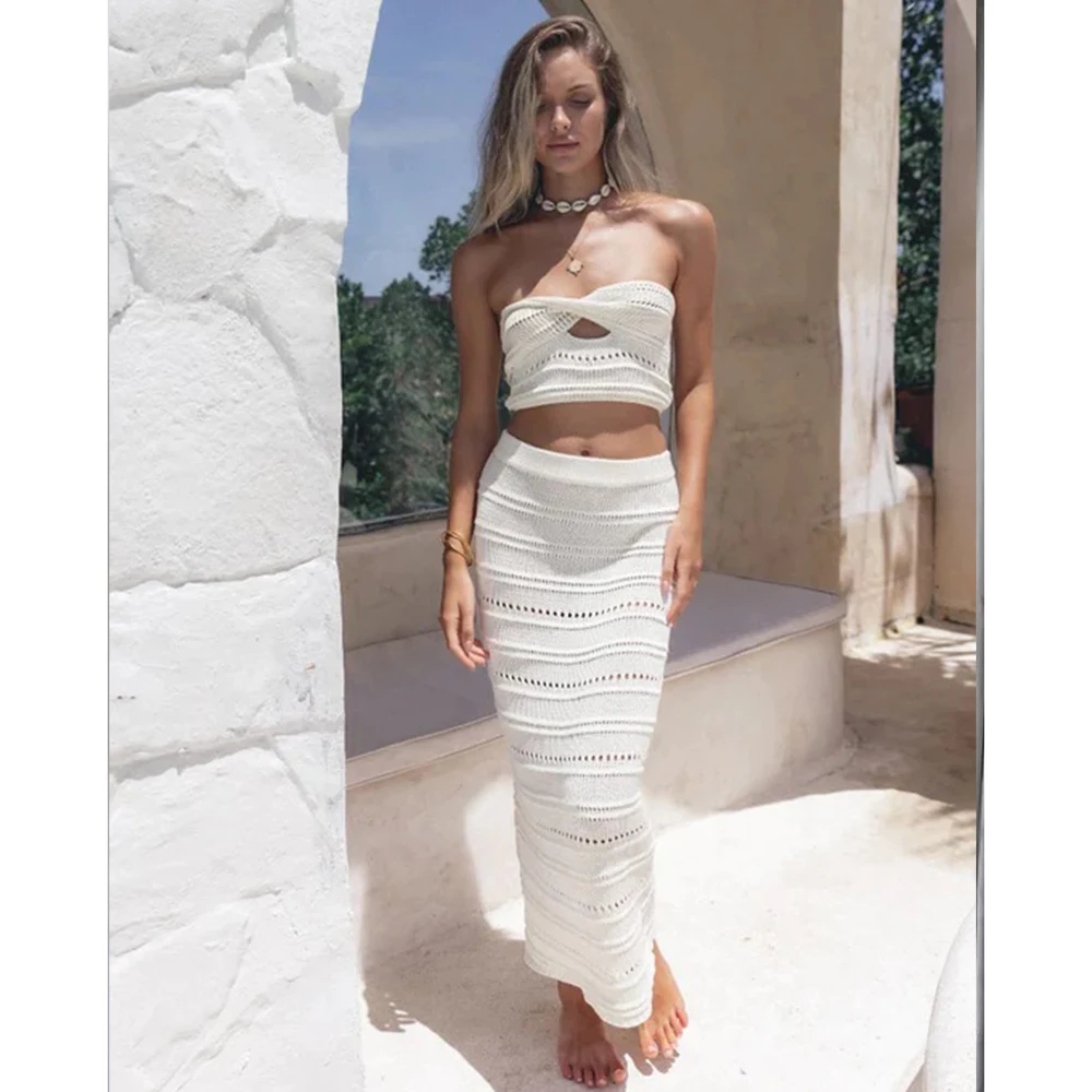 

Bikinis Summer Bandeau Top Hollow Out Long Skirt Suit Two-piece Set 2023 Cover-ups Knitted Sexy See Through Mesh Beach Cover Up