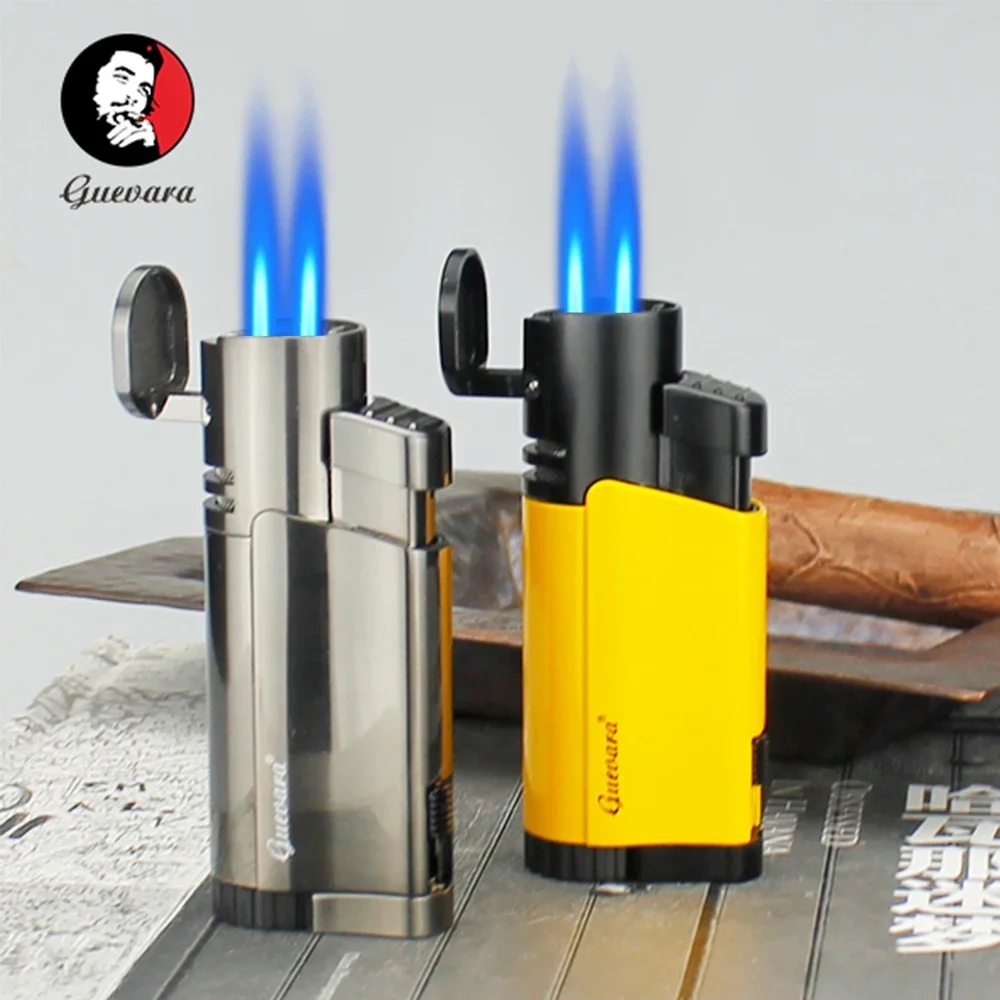 

GUEVARA Cigar Cigarette Tobacco Lighter 2 Torch Jet Flame Refillable Lighter with Punch Smoking Tool Accessories Portable Gift