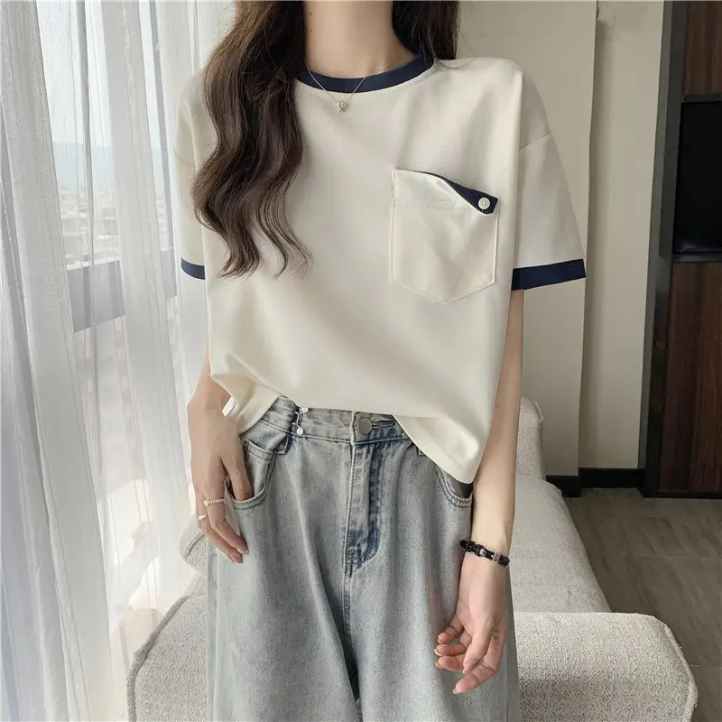 Summer new fashion versatile niche design contrasting color T shirt loose slimming temperament short sleeved T shirt for women
Summer new fashion versatile niche design contrasting color T shirt loose slimming temperament short sleeved T shirt for women