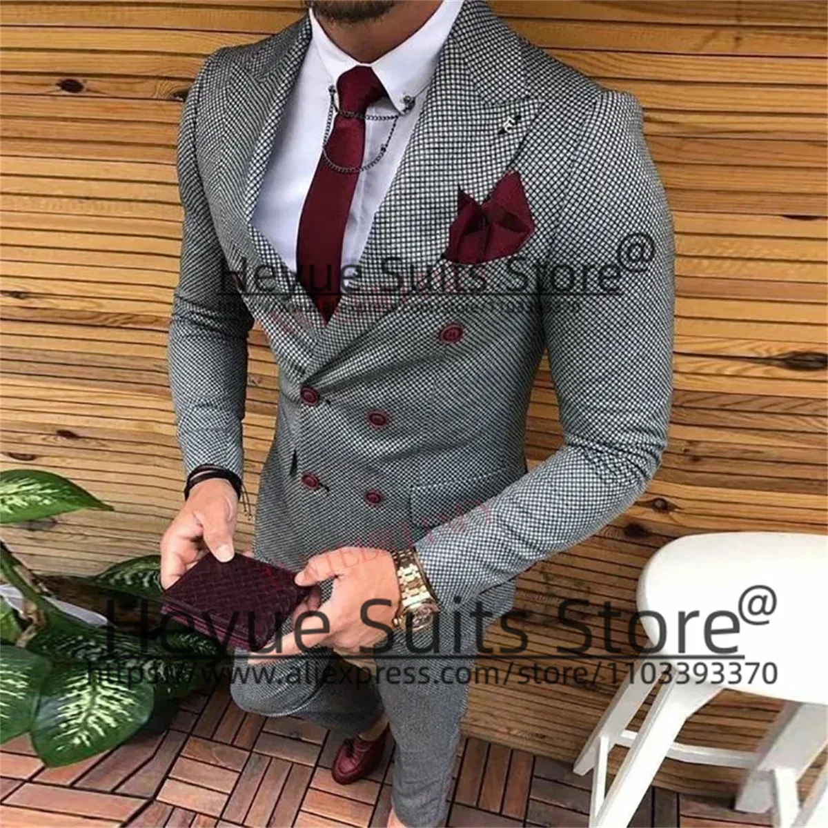 

Custom Gray Double-breasted Groom Wedding Tuxedos Slim Fit Peak Lapel Formal Party 2 Pieces Sets Trajes Elegante Para Hombres