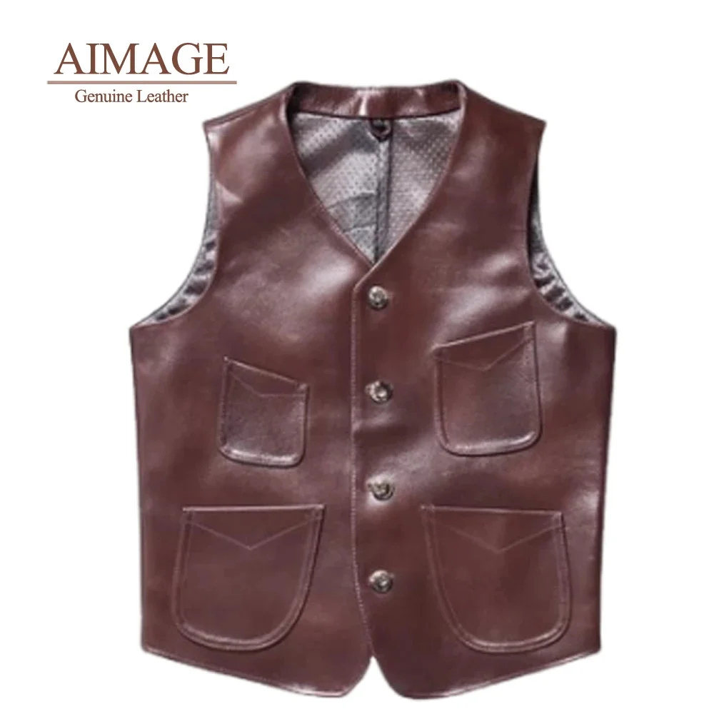 Cow Leather Vest V Collar Multi-Pockets Chaleco Hombre Stylish Slim Overcoats Singble Button жилетка мужская Size 5XL PY479
Cow Leather Vest V Collar Multi-Pockets Chaleco Hombre Stylish Slim Overcoats Singble Button жилетка мужская Size 5XL PY479