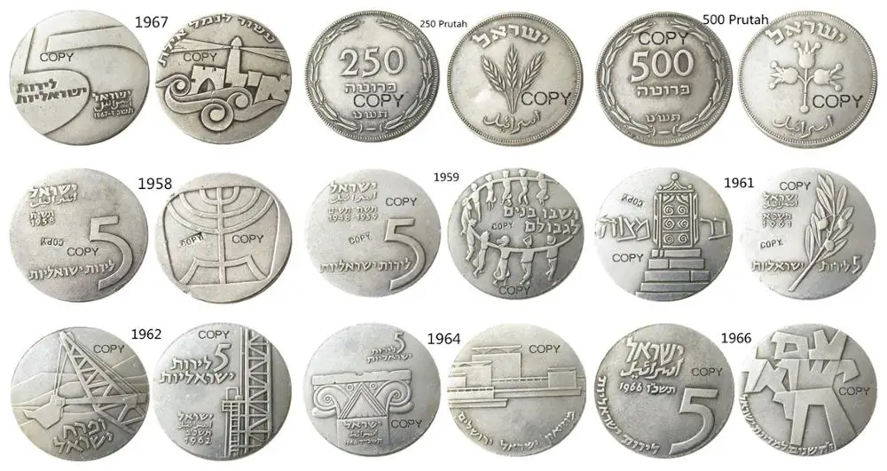Israel 5 Lirot A Set Of(1958-1967) 9pcs Different Anniversary of Indepence Silver Plated Copy Coins
Israel 5 Lirot A Set Of(1958-1967) 9pcs Different Anniversary of Indepence Silver Plated Copy Coins