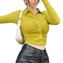 Women Crop Tops, Lapel Neck Solid Color Long Sleeve Rib Surface Pleated Chest Button Shirt
Women Crop Tops, Lapel Neck Solid Color Long Sleeve Rib Surface Pleated Chest Button Shirt