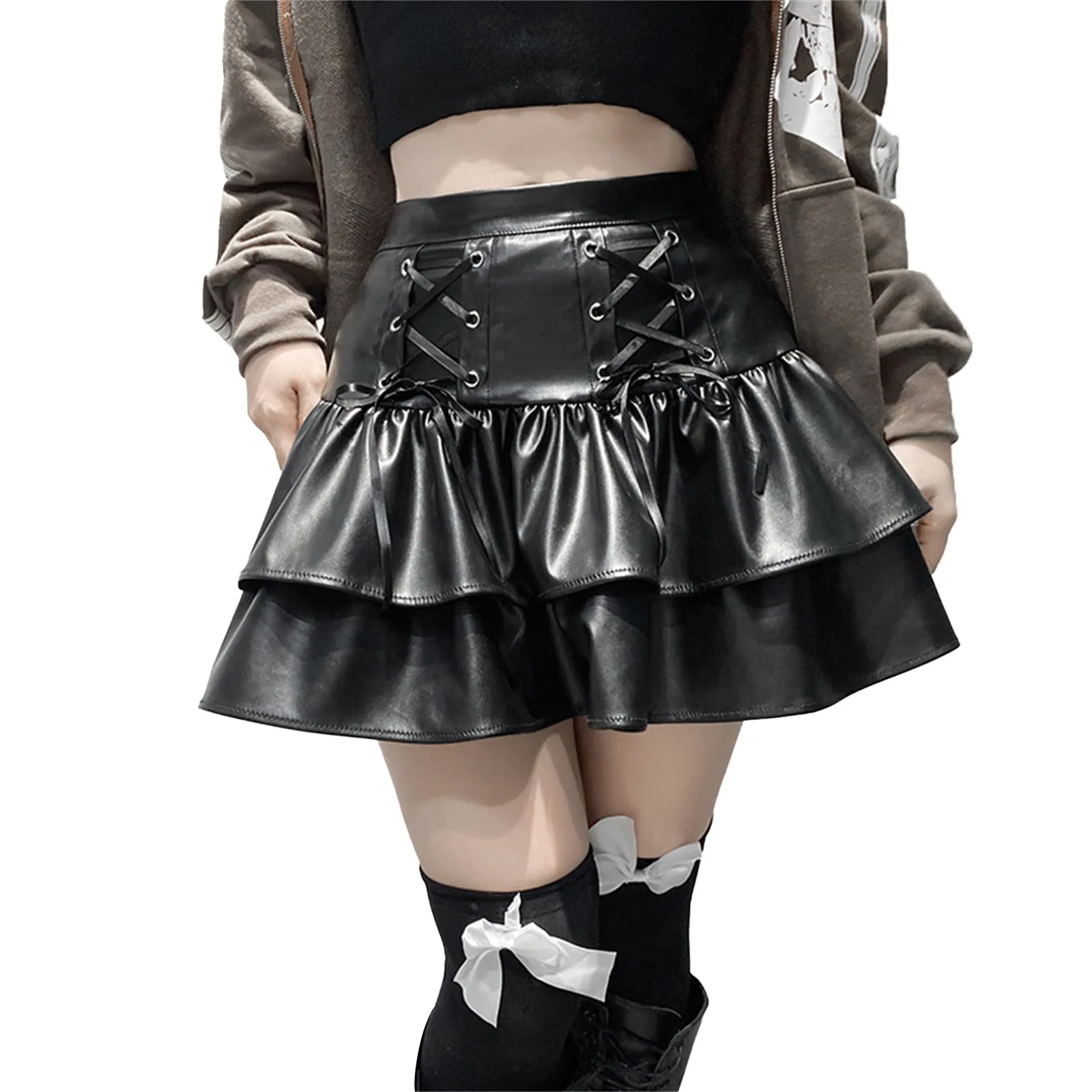 

Мини-юбки из искусственной кожи в стиле панк, бандажная черная плиссированная юбка с завышенной талией, на шнуровке, уличная одежда для темных девушек