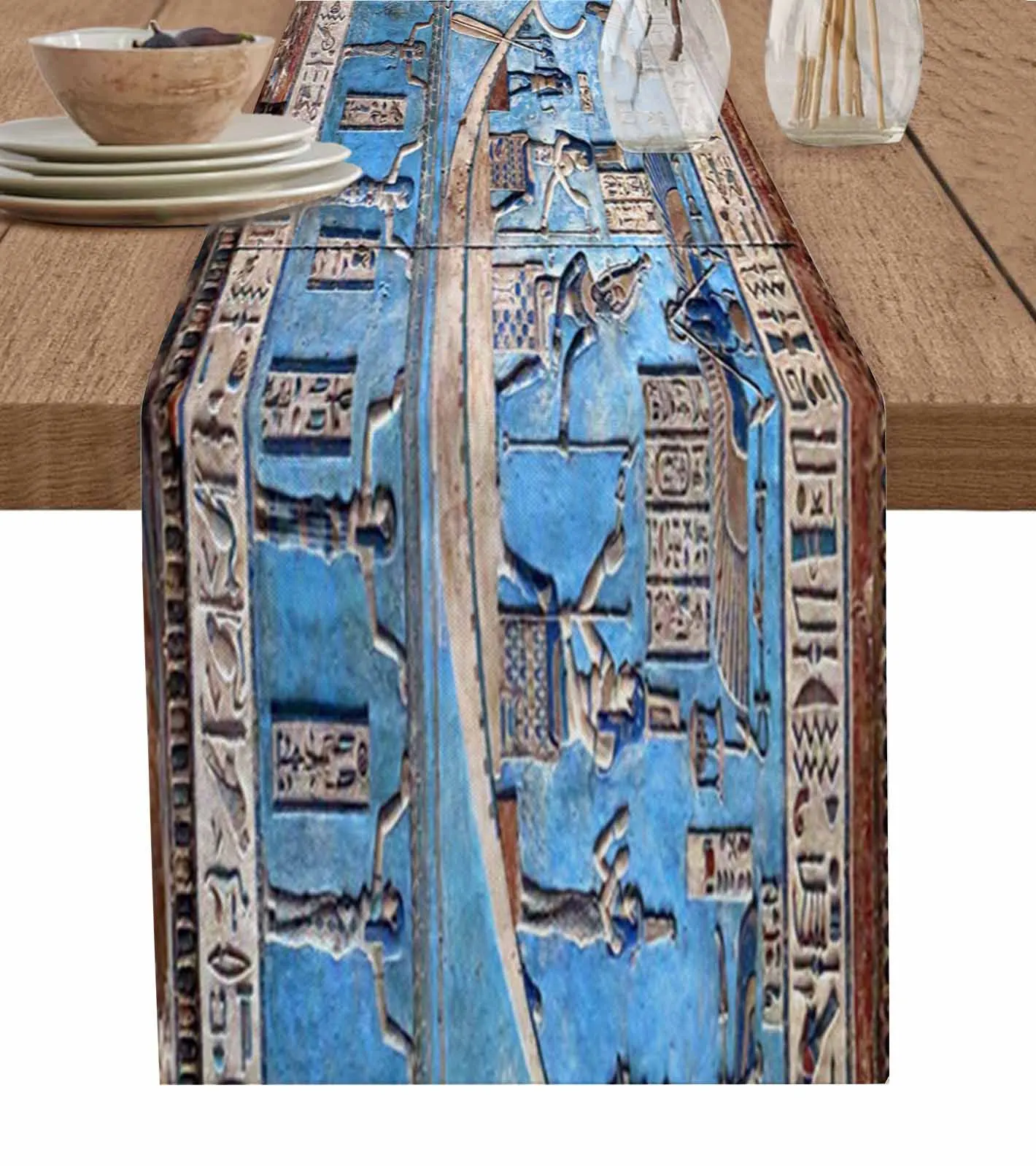 

Hieroglyphic Carvings Ancient Egyptian Temple Linen Table Runner Kitchen Table Decoration Dining Tablecloth Wedding Party Decor