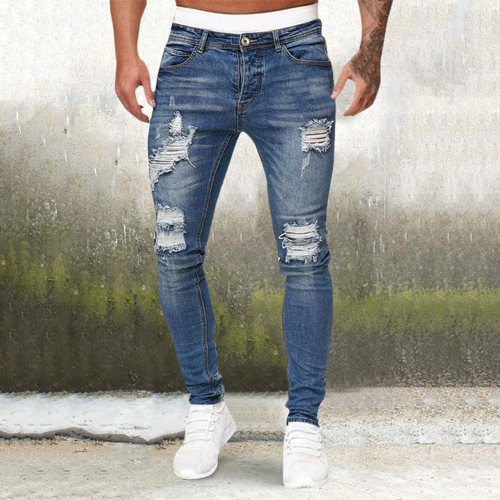 

2024 New Fashion Street Style Ripped Skinny Jeans Men Stretchy Destroyed Hole Slim Fit Denim Trouser Mens Hip Hop Denim Pants