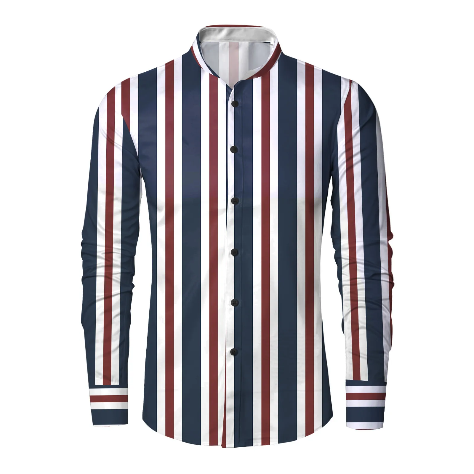 

New Fashion Striped Shirts Mens Long Sleeve Stand Collar Button Top Blouses Spring Summer Casual Tunic Camisas De Hombre
