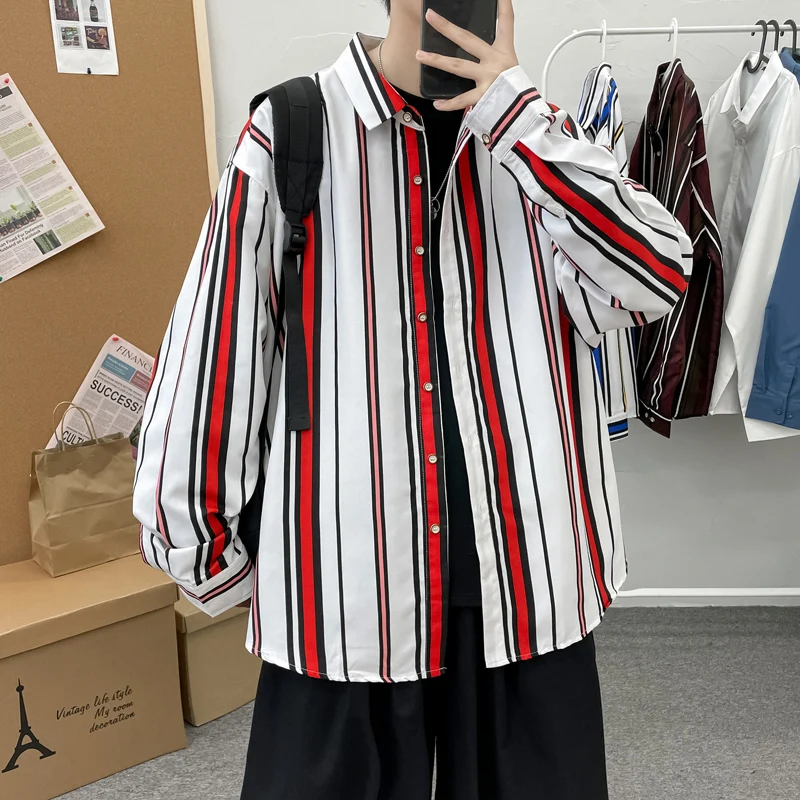 

Explosive Men's Fashion Striped Shirt Youth Sense of Youth Daily Hong Kong Style Student Loose Shirt Casual Long-sleeved Coat