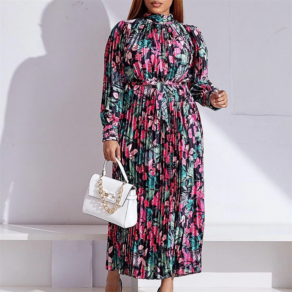 Women Long Sleeves Printed Dresses High Neck Pleated High Waist with Belt Midi Elegant Ladies Fashion African New Vestidos Robes
Women Long Sleeves Printed Dresses High Neck Pleated High Waist with Belt Midi Elegant Ladies Fashion African New Vestidos Robes