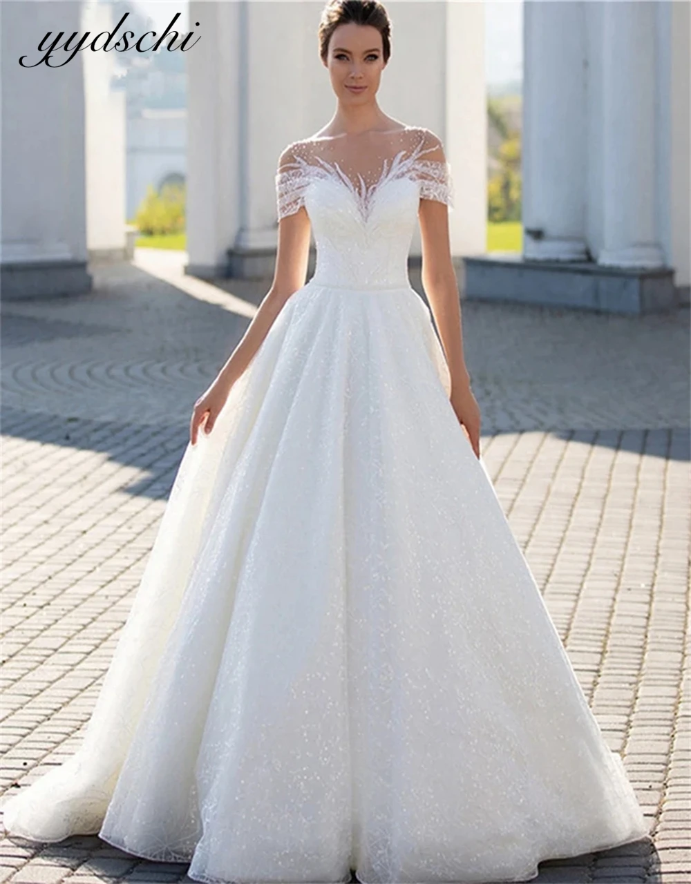 

Elegant O-Neck Appliques Sequined Illusion A-line Wedding Dresses For Women 2024 Sweep Train Bridal Gowns Vestido De Noiva