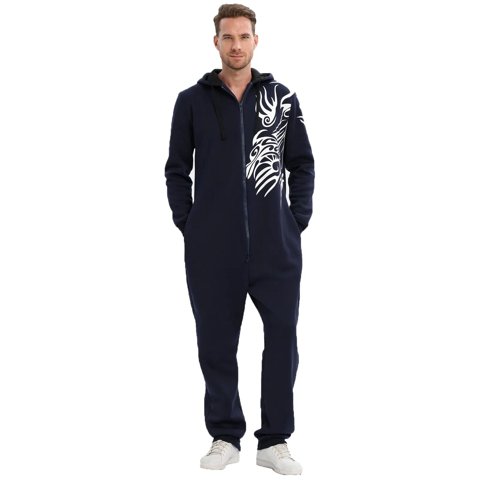 

Mens Winter Warm Onesies Pajama Zipper Romper Homewear Solid Print Hooded Sleepwear Solid Long Sleeve Loungewear Male Nightt