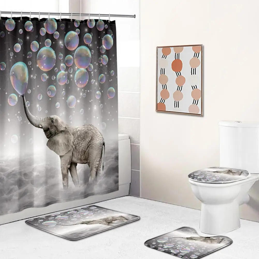 

4Pcs/Set Colorful Bubble Elephant Bathroom Set Shower Curtain Toilet Lid Mat U-Shaped Rug Bathroom Mat Set